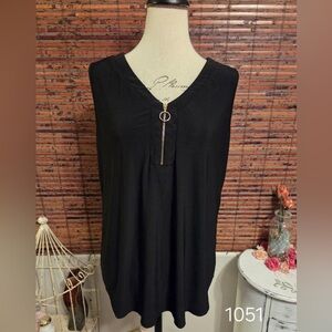 Perseption Black V-Neck Top with Ring Zipper